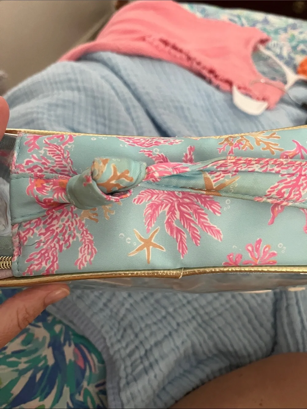 Lilly Pulitzer Clear 'BEACH' Cosmetic Bag in Aqua with Pink Coral